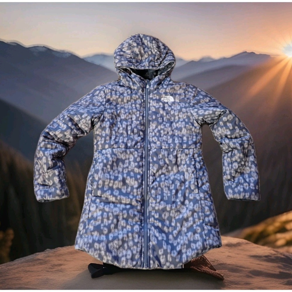 The North Face Reversible Mossbud Parka Girls L Grey Leopard Print Puffer Jacket